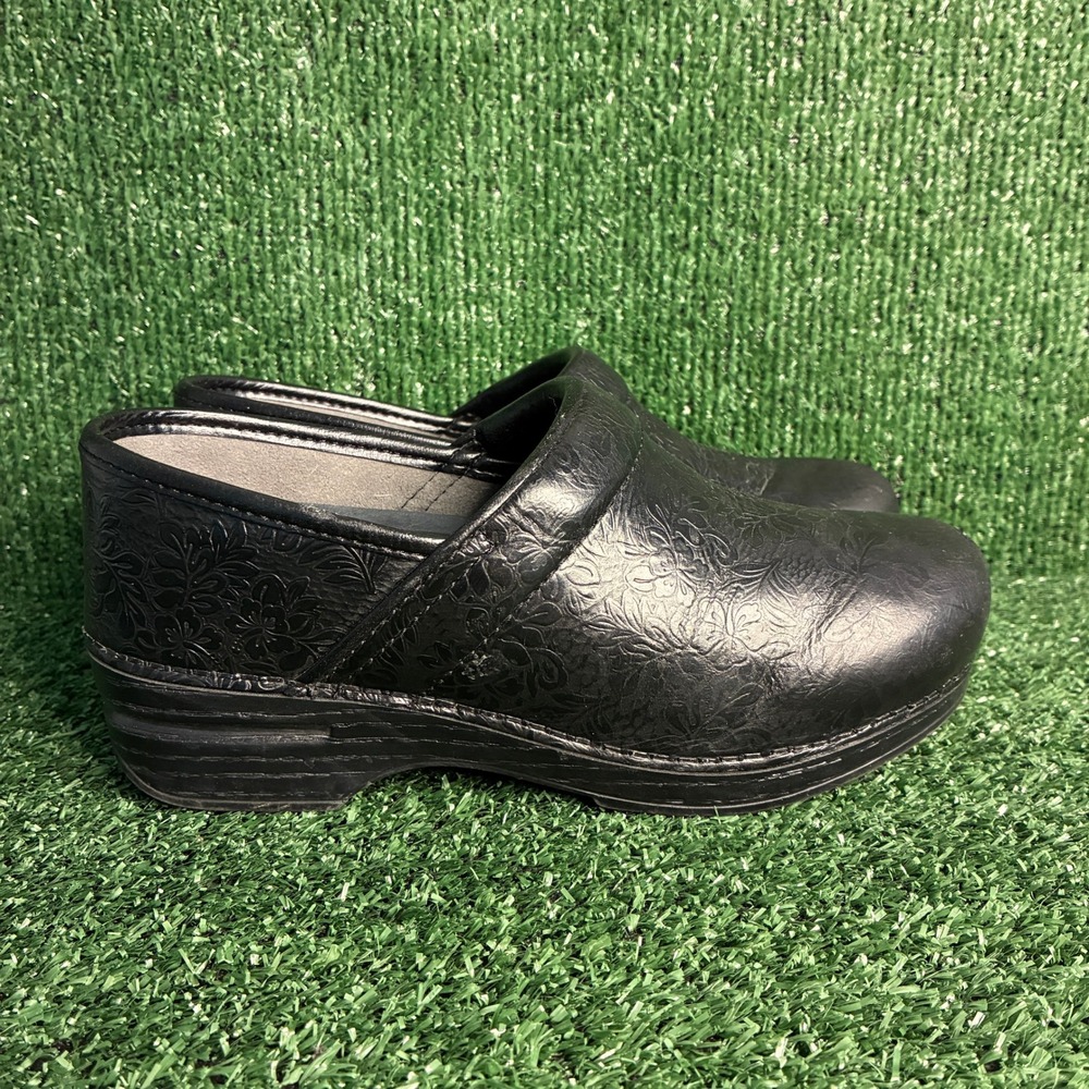 Dansko Professional Floral Embossed Leather Comfort Clogs Shoe Black Women 6.5-7